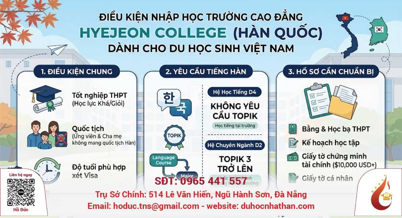 Điều kiện nhập học Trường Cao đẳng Hyejeon College