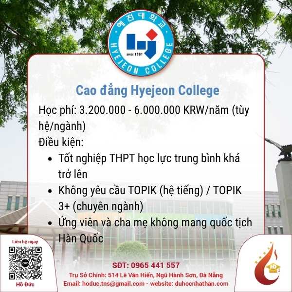 Du Học Hyejeon College: Học Phí, Học Bổng & Điều Kiện