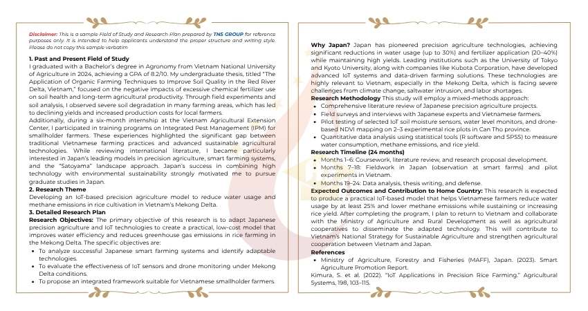 Mẫu file of study plan du học Nhật Bản 2026 bằng tiếng Anh gồm mục tiêu học tập và kế hoạch nghiên cứu