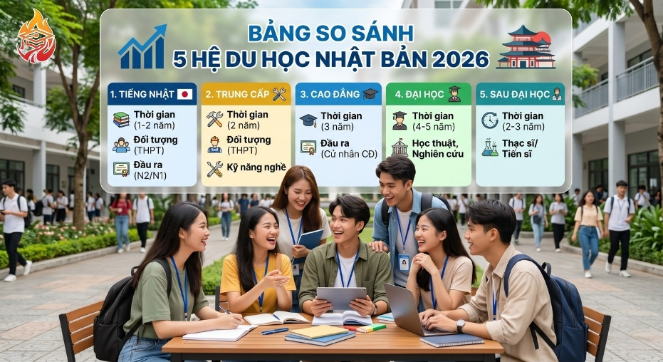 Bảng so sánh 5 hệ du học Nhật Bản 2026