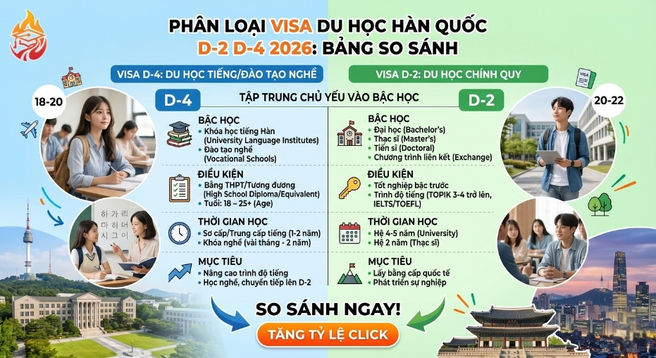 phân loại visa du học Hàn Quốc D2 D4 2026 bảng so sánh