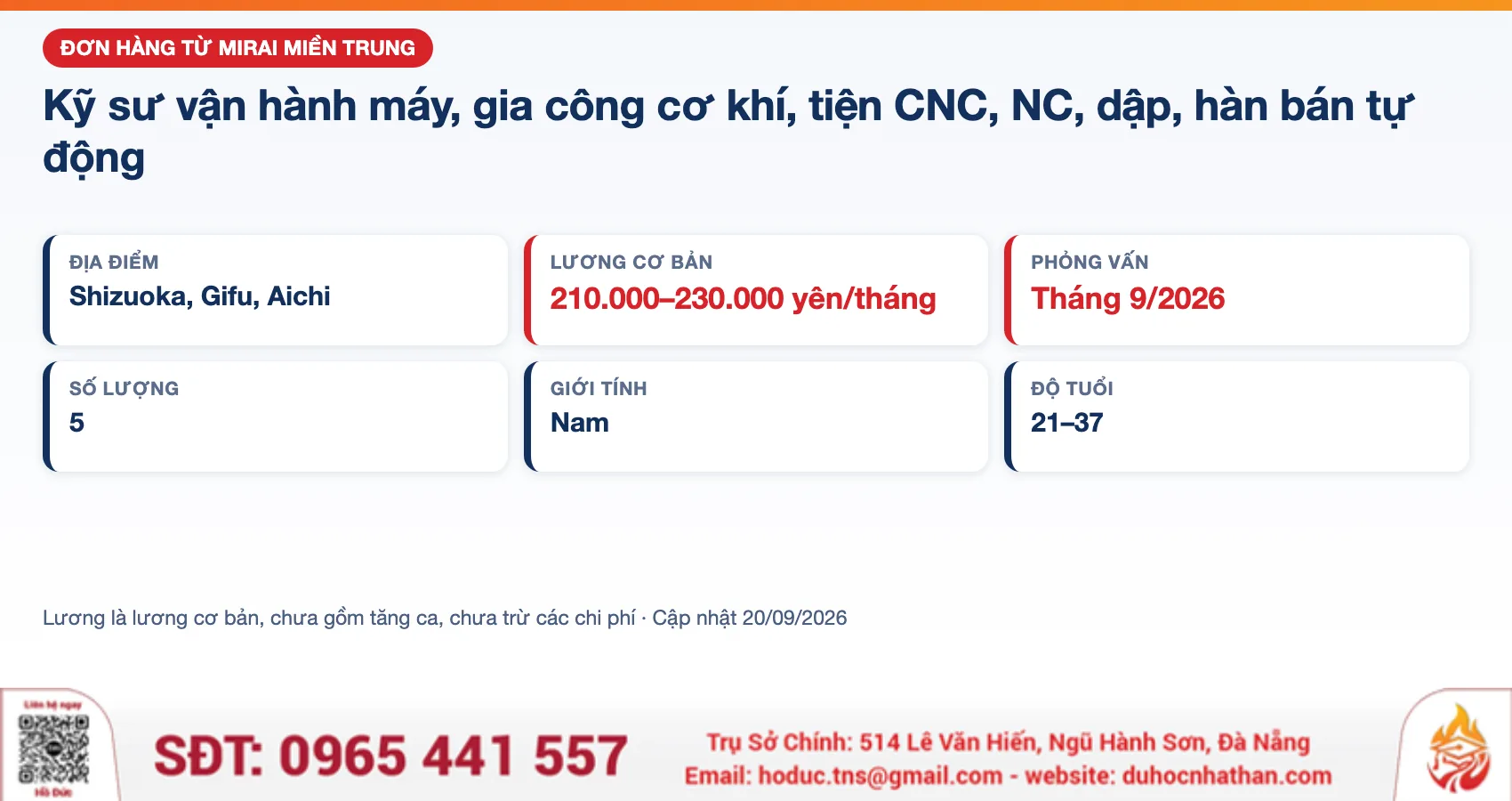Đơn hàng kỹ sư cơ khí vận hành máy Nhật Bản từ Mirai Miền Trung: 5 nam, lương 210.000–230.000 yên