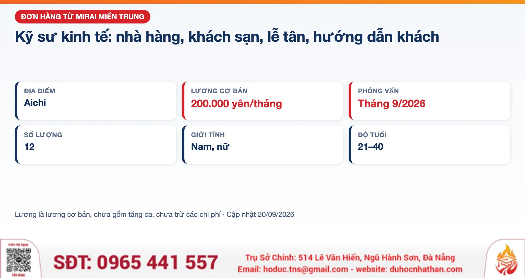Đơn hàng kỹ sư kinh tế nhà hàng, khách sạn tại Aichi từ Mirai Miền Trung: 12 nam, nữ