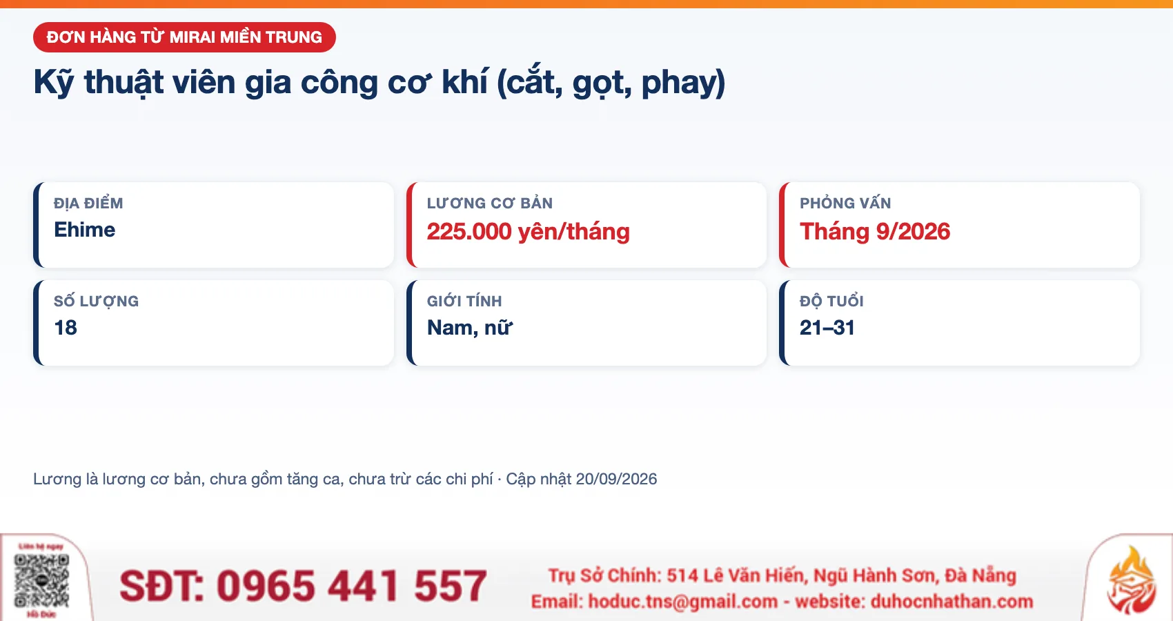 Thẻ thông tin đơn hàng Kỹ thuật viên gia công cơ khí (cắt, gọt, phay) từ Mirai Miền Trung