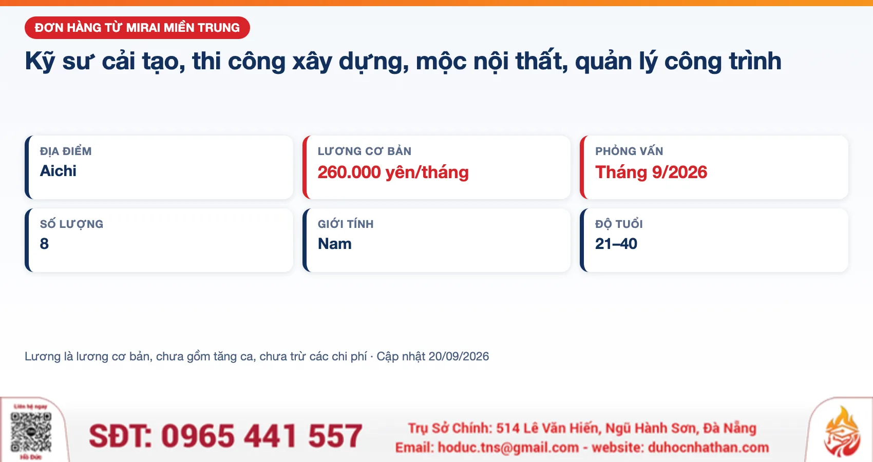 Đơn hàng kỹ sư xây dựng, mộc nội thất tại Aichi từ Mirai Miền Trung: 8 nam, lương 260.000 yên