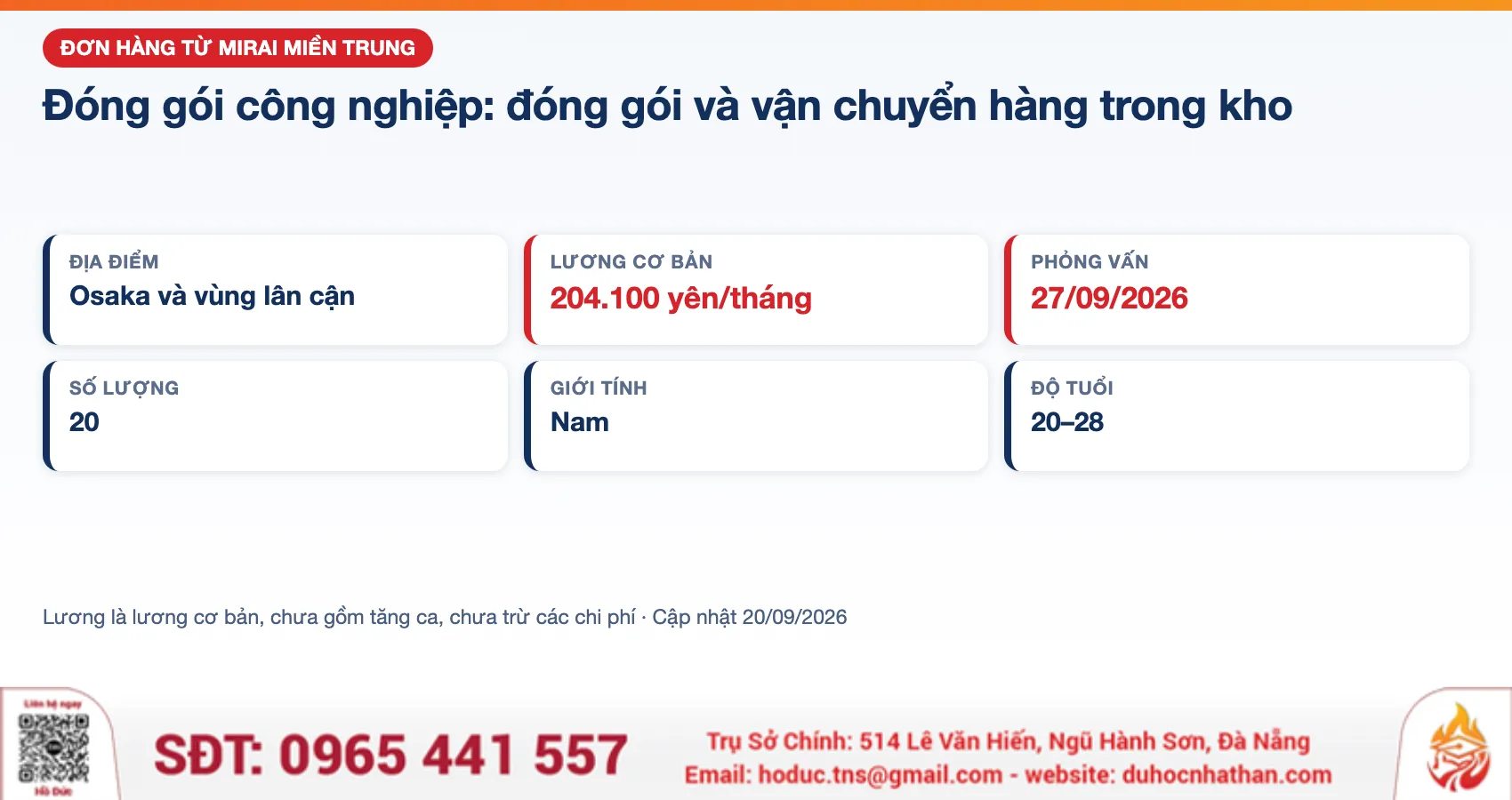 Đơn hàng đóng gói kho hàng Osaka từ Mirai Miền Trung: 20 nam, phỏng vấn 27/09/2026