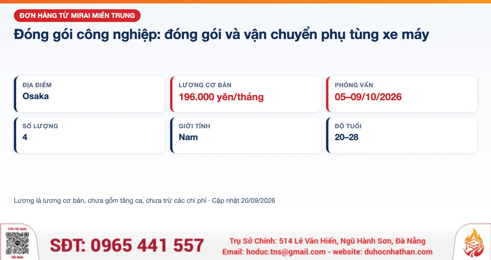 Thẻ thông tin đơn hàng Đóng gói công nghiệp: phụ tùng xe máy từ Mirai Miền Trung