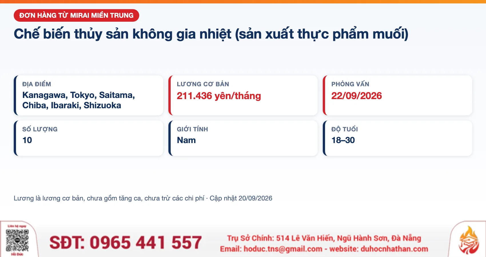 Đơn hàng chế biến thủy sản không gia nhiệt Nhật Bản từ Mirai Miền Trung: 10 nam, phỏng vấn 22/09/2026