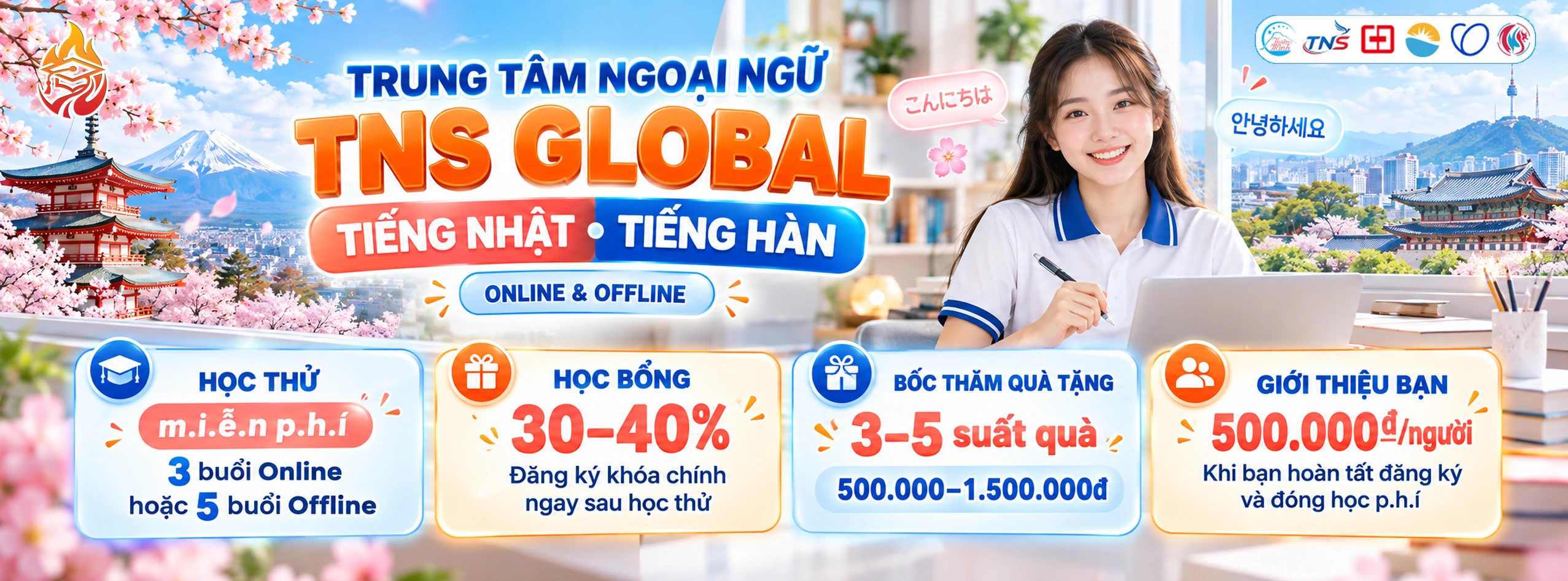 Trung tâm ngoại ngữ TNS Global Đà Nẵng: học tiếng Nhật, tiếng Hàn online và offline, học thử miễn phí, học bổng và quà tặng cho học viên
